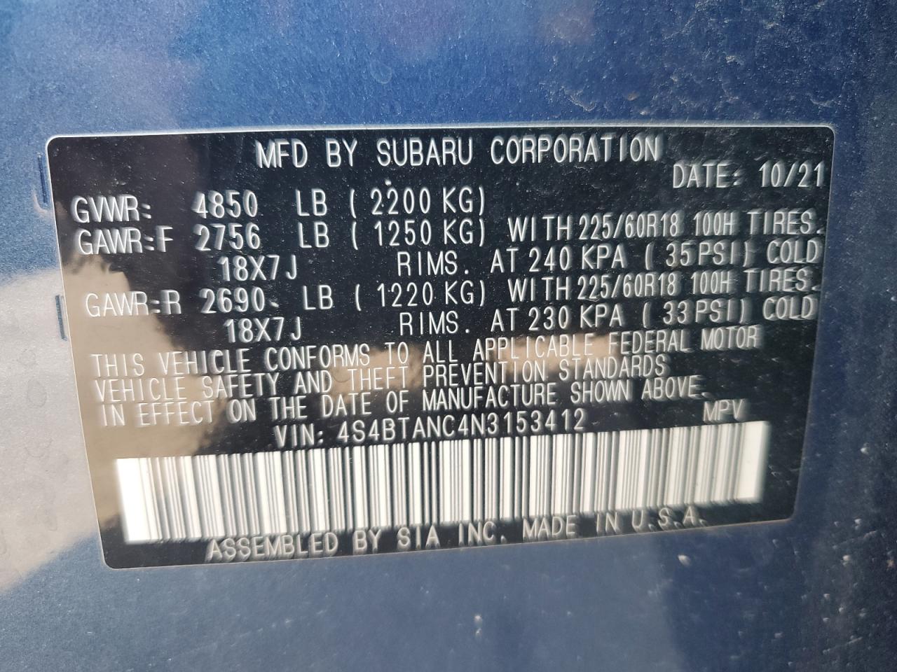 2022 Subaru Outback Limited VIN: 4S4BTANC4N3153412 Lot: 68442955