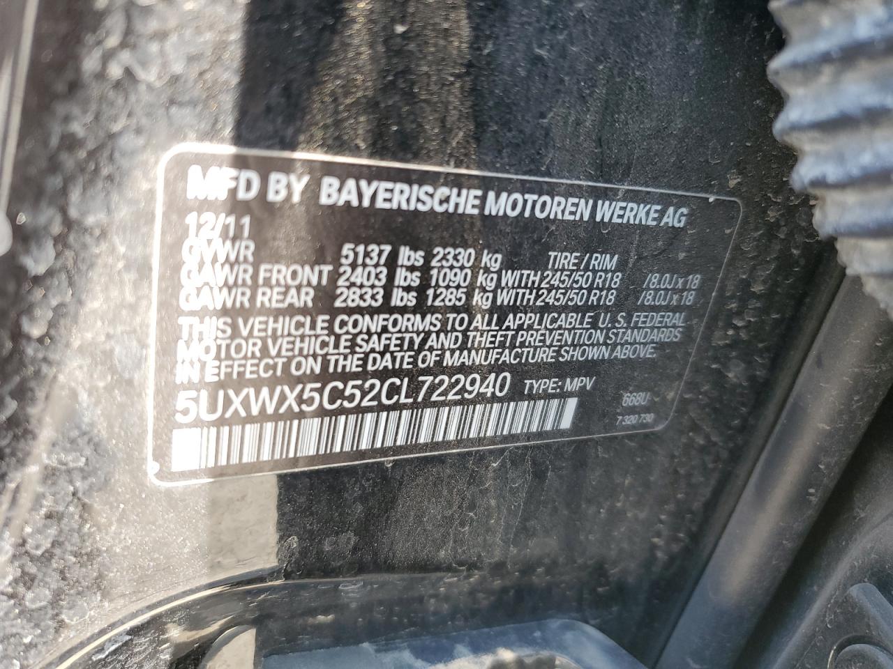 2012 BMW X3 xDrive28I VIN: 5UXWX5C52CL722940 Lot: 68854045