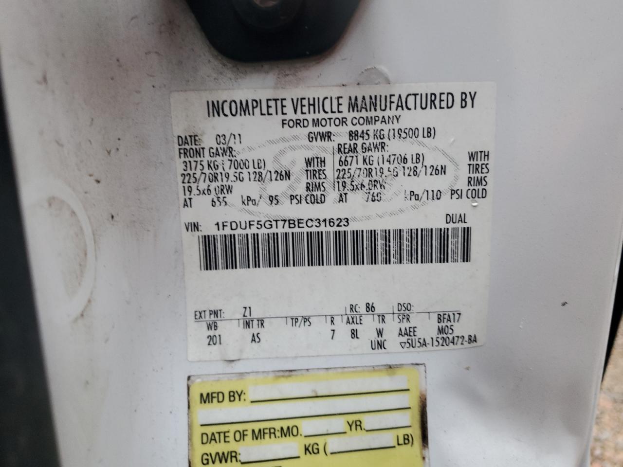 2011 Ford F550 Super Duty VIN: 1FDUF5GT7BEC31623 Lot: 68680555