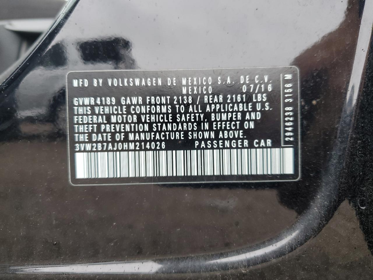 2017 Volkswagen Jetta S VIN: 3VW2B7AJ0HM214026 Lot: 69677245