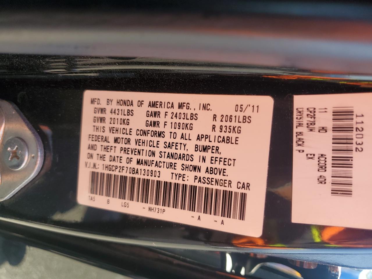 2011 Honda Accord Ex VIN: 1HGCP2F70BA130903 Lot: 71080735