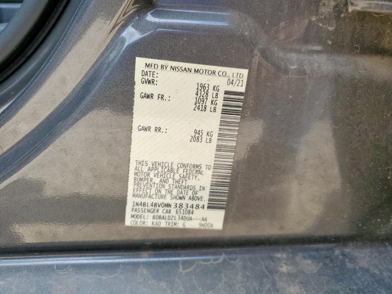 2021 Nissan Altima S VIN: 1N4BL4BV0MN383484 Lot: 69312255