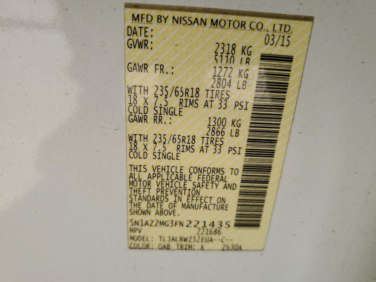 5N1AZ2MG3FN221435 2015 Nissan Murano S