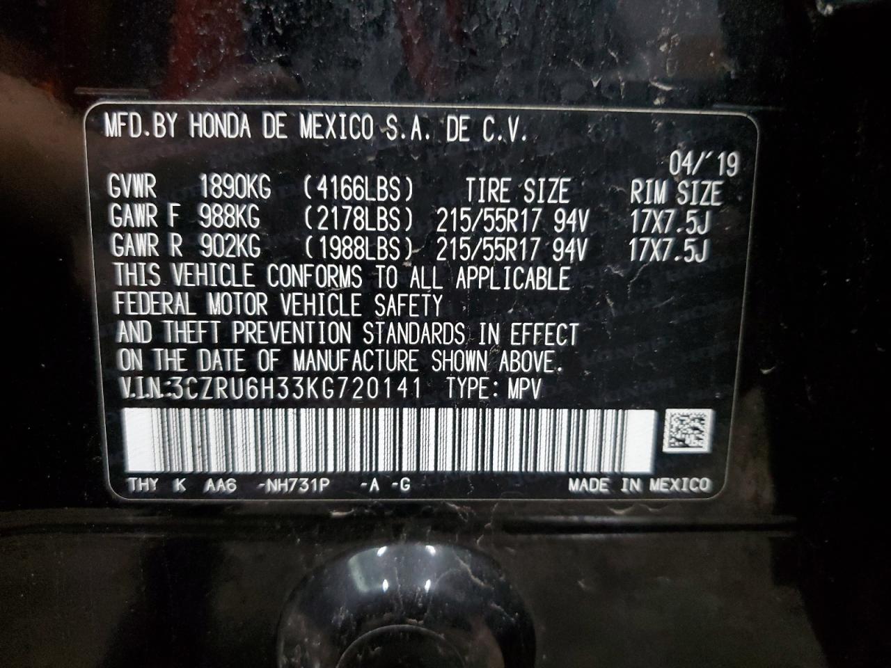 2019 Honda Hr-V Lx VIN: 3CZRU6H33KG720141 Lot: 69907005