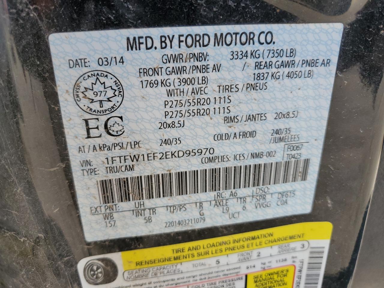 2014 Ford F150 Supercrew VIN: 1FTFW1EF2EKD95970 Lot: 92581105