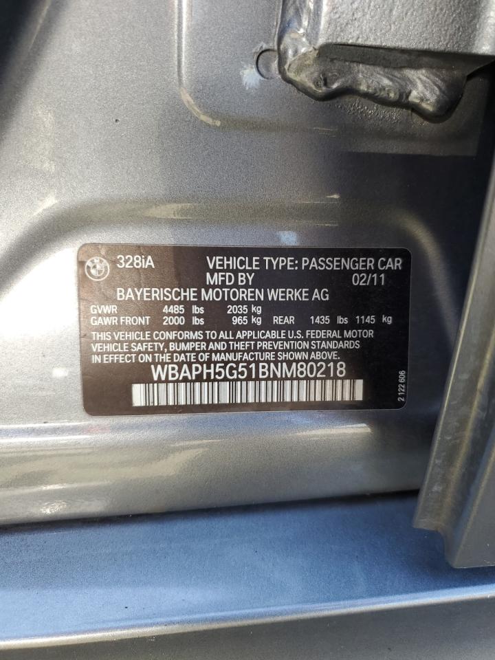 2011 BMW 328 I Sulev VIN: WBAPH5G51BNM80218 Lot: 70710485