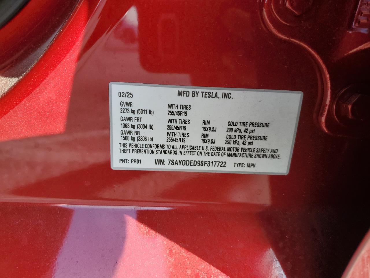 2025 Tesla Model Y VIN: 7SAYGDED9SF317722 Lot: 69481475