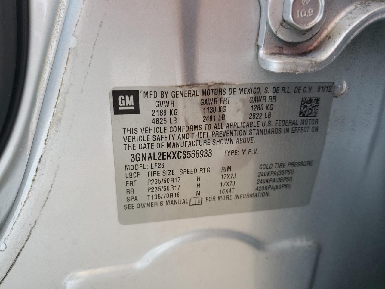 2012 Chevrolet Captiva Sport VIN: 3GNAL2EKXCS566933 Lot: 69026485