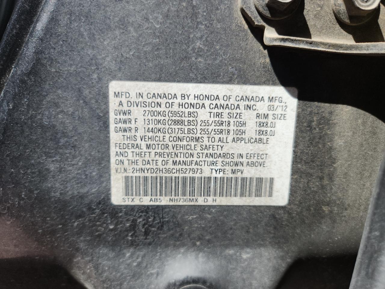 2012 Acura Mdx Technology VIN: 2HNYD2H36CH527973 Lot: 68760815