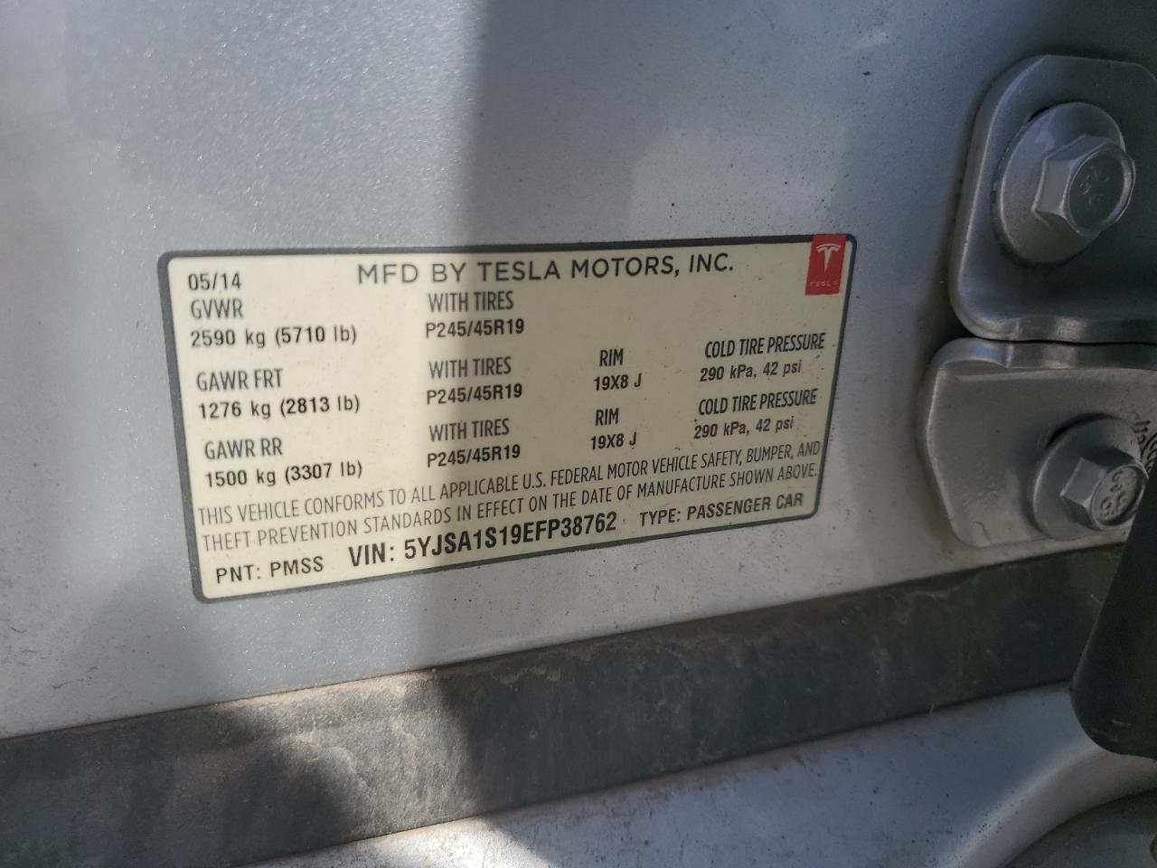 2014 Tesla Model S VIN: 5YJSA1S19EFP38762 Lot: 70589665