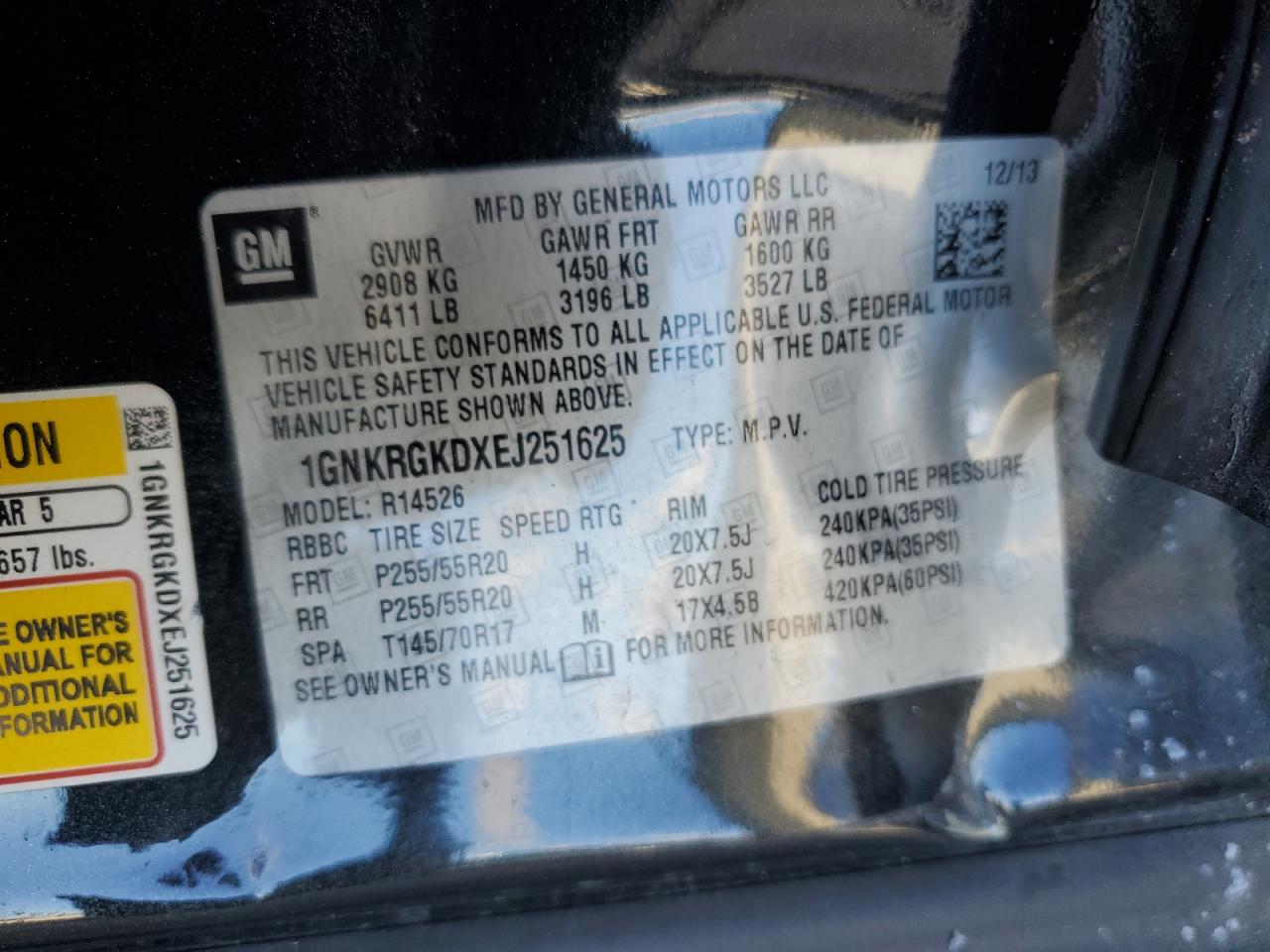 2014 Chevrolet Traverse Lt VIN: 1GNKRGKDXEJ251625 Lot: 68879655