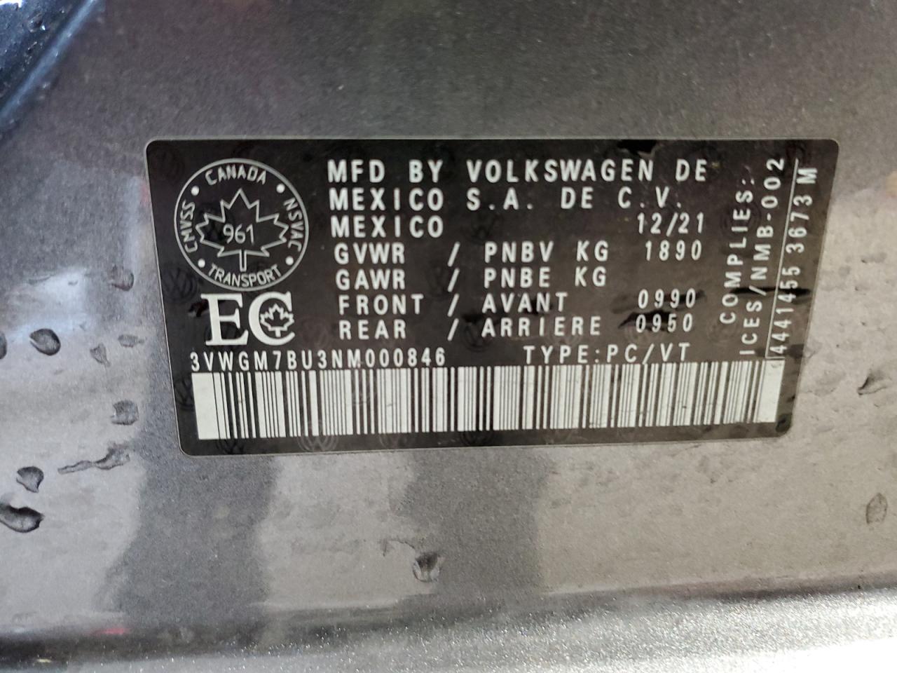 2022 Volkswagen Jetta Sel VIN: 3VWGM7BU3NM000846 Lot: 68080535