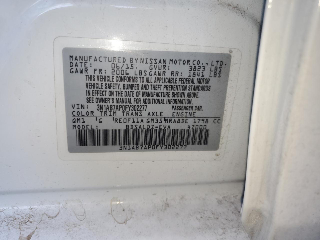 2015 Nissan Sentra S VIN: 3N1AB7AP0FY302277 Lot: 70100115