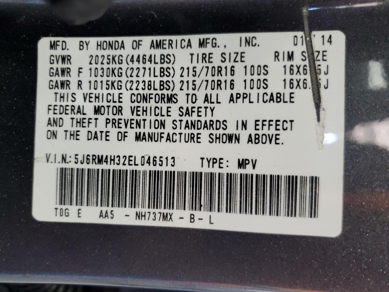 2014 Honda Cr-V Lx VIN: 5J6RM4H32EL046513 Lot: 70814225