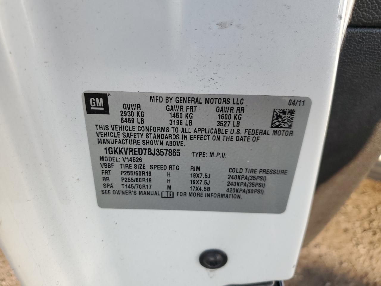 2011 GMC Acadia Slt-1 VIN: 1GKKVRED7BJ357865 Lot: 69756285