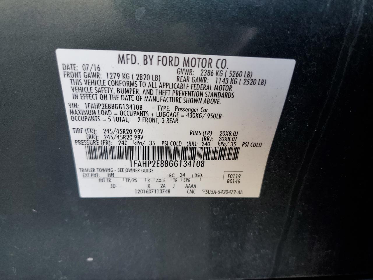 2016 Ford Taurus Sel VIN: 1FAHP2E88GG134108 Lot: 68581235