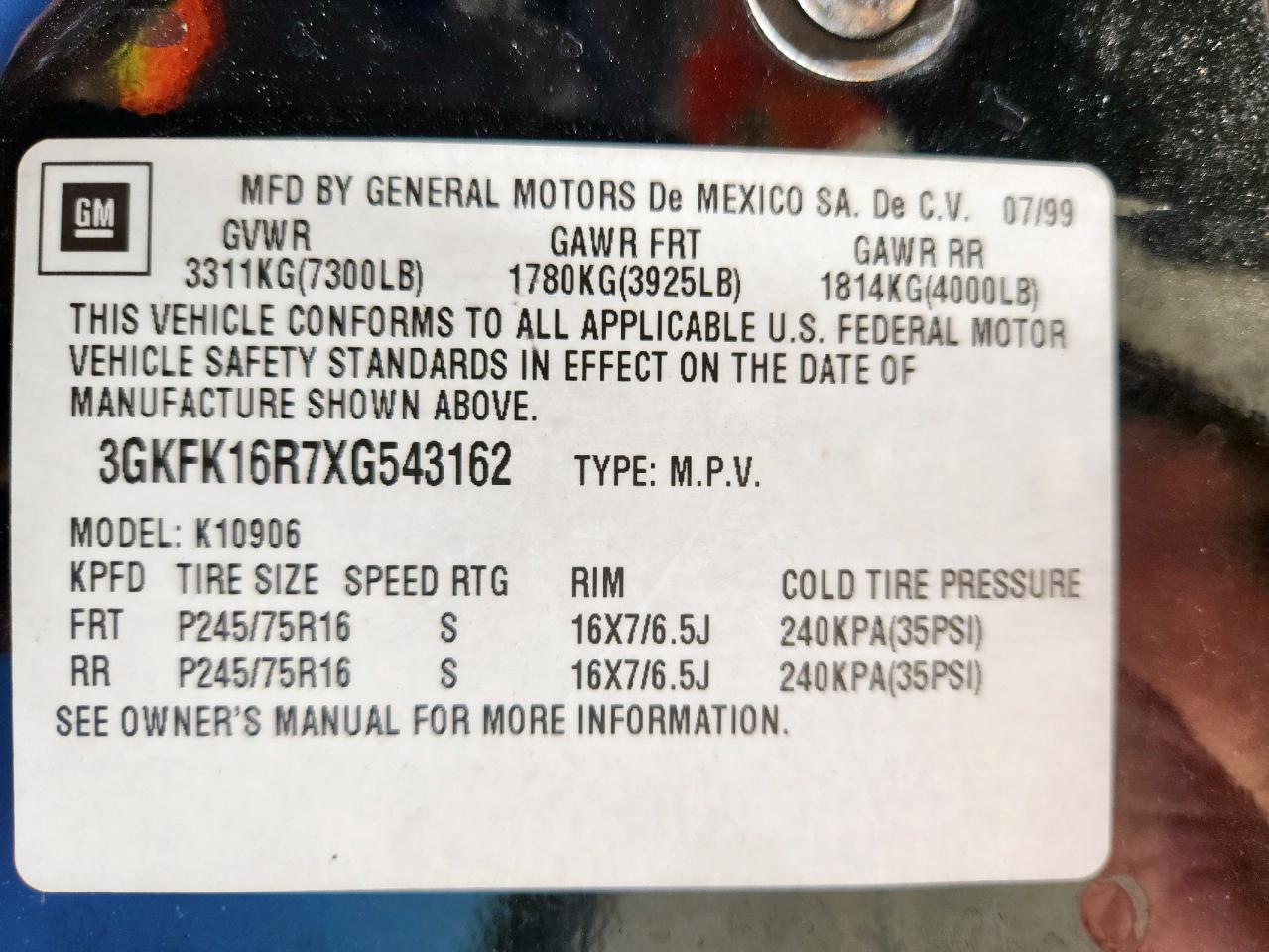 1999 GMC Suburban K1500 VIN: 3GKFK16R7XG543162 Lot: 70941665