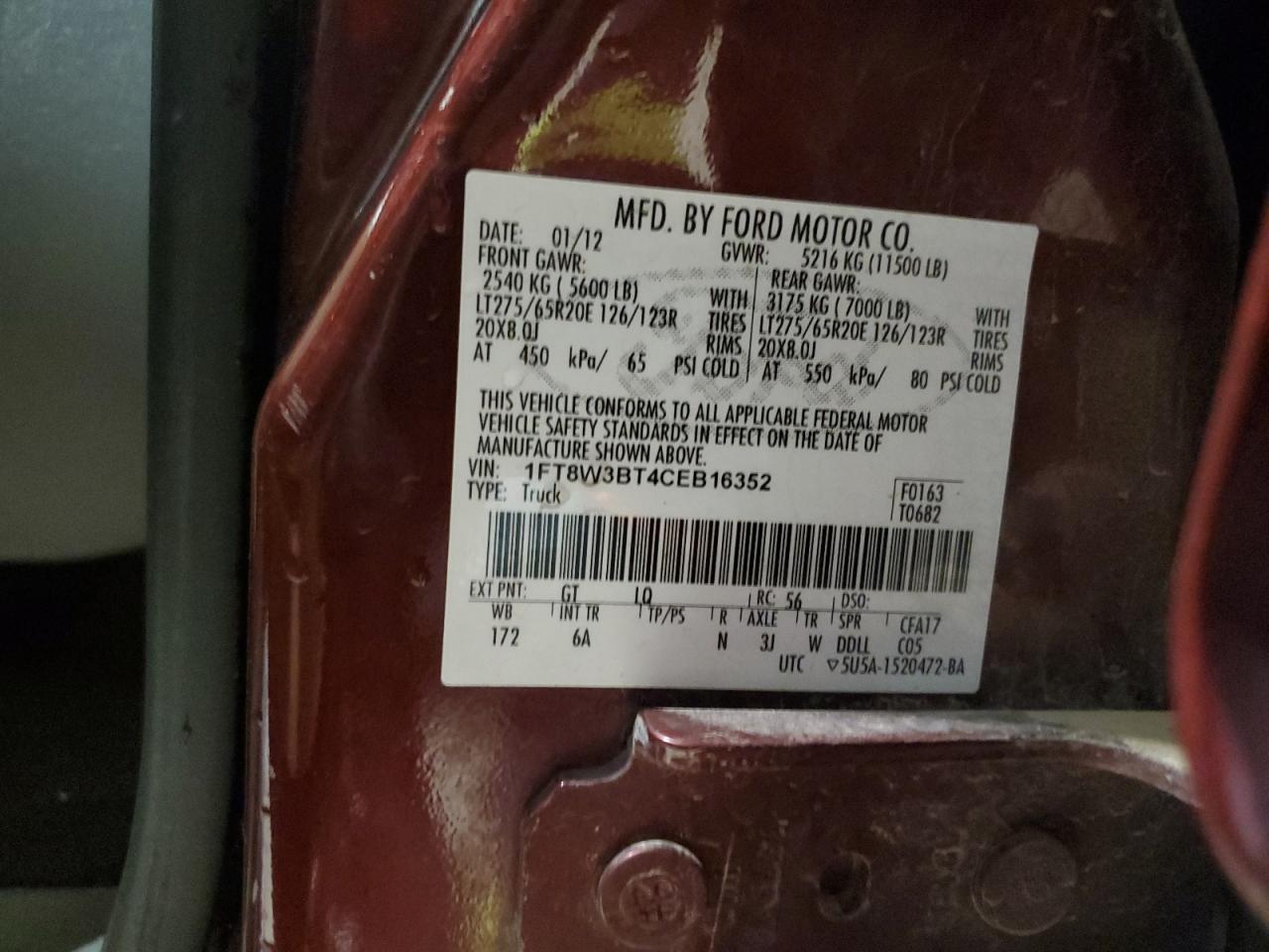 2012 Ford F350 Super Duty VIN: 1FT8W3BT4CEB16352 Lot: 69278355