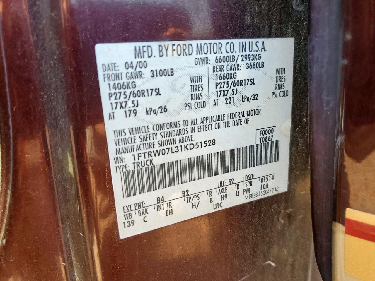 2001 Ford F150 Supercrew VIN: 1FTRW07L31KD51528 Lot: 69252515