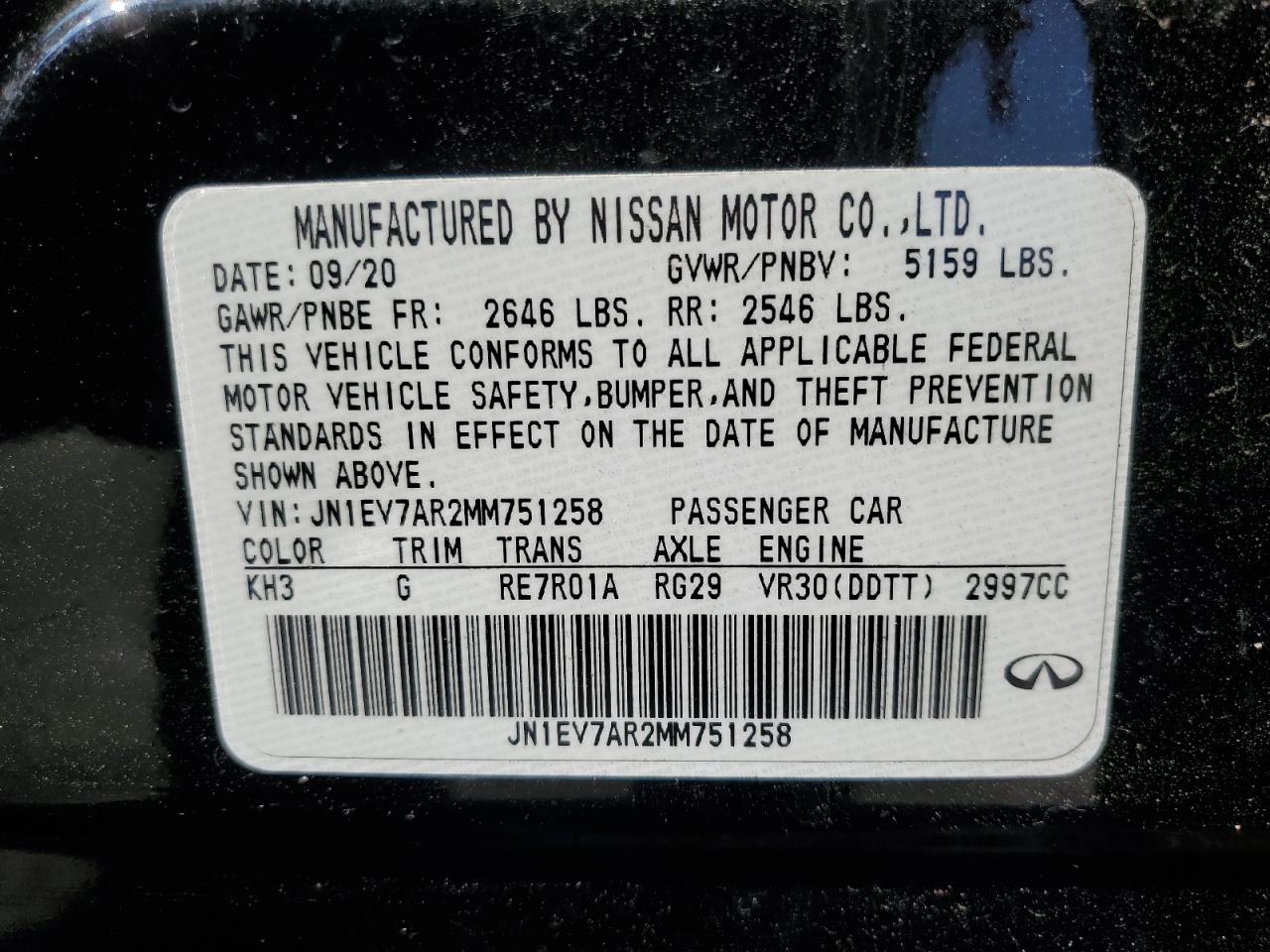 2021 Infiniti Q50 Pure VIN: JN1EV7AR2MM751258 Lot: 67679685