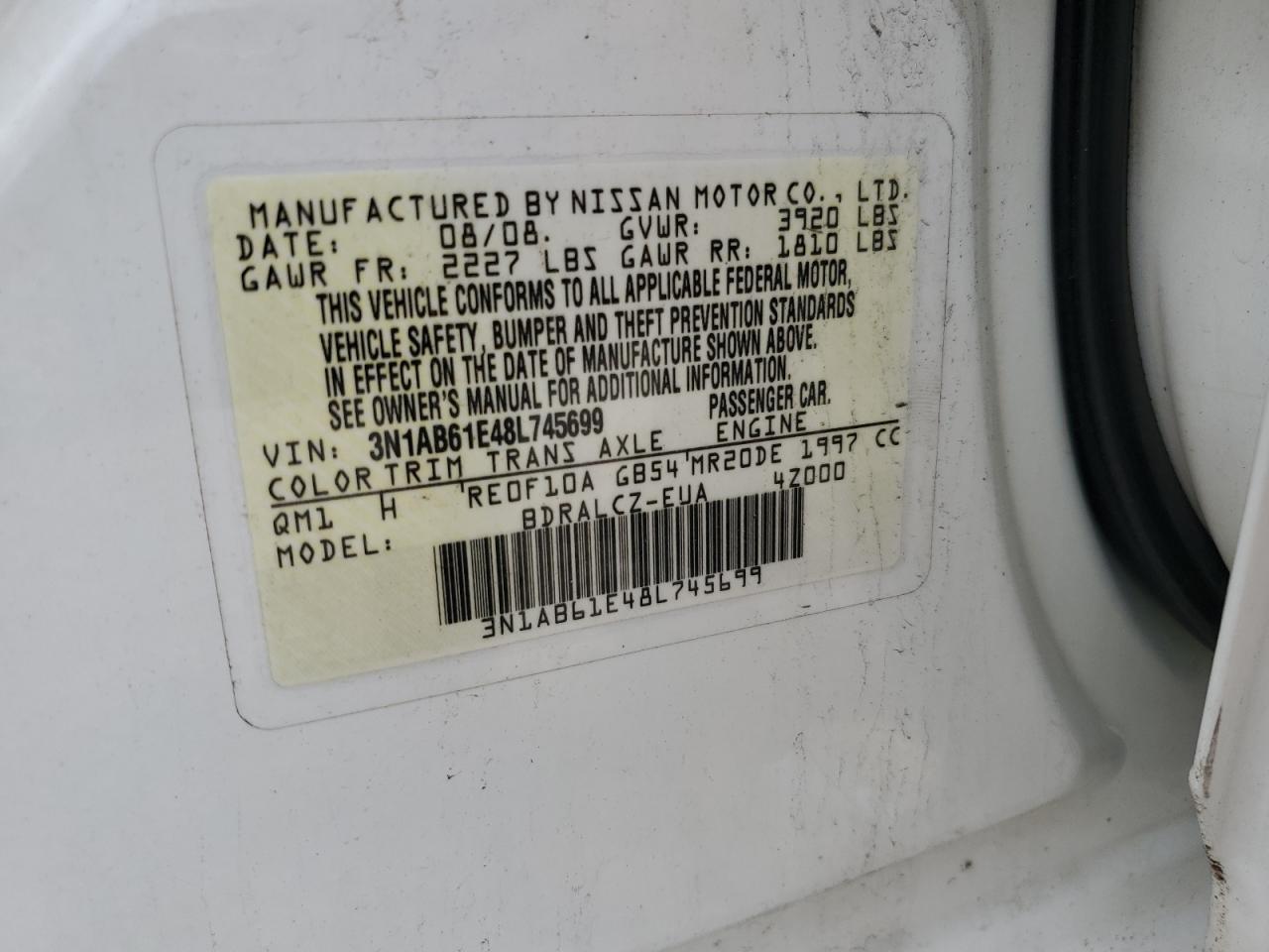 2008 Nissan Sentra 2.0 VIN: 3N1AB61E48L745699 Lot: 66676275