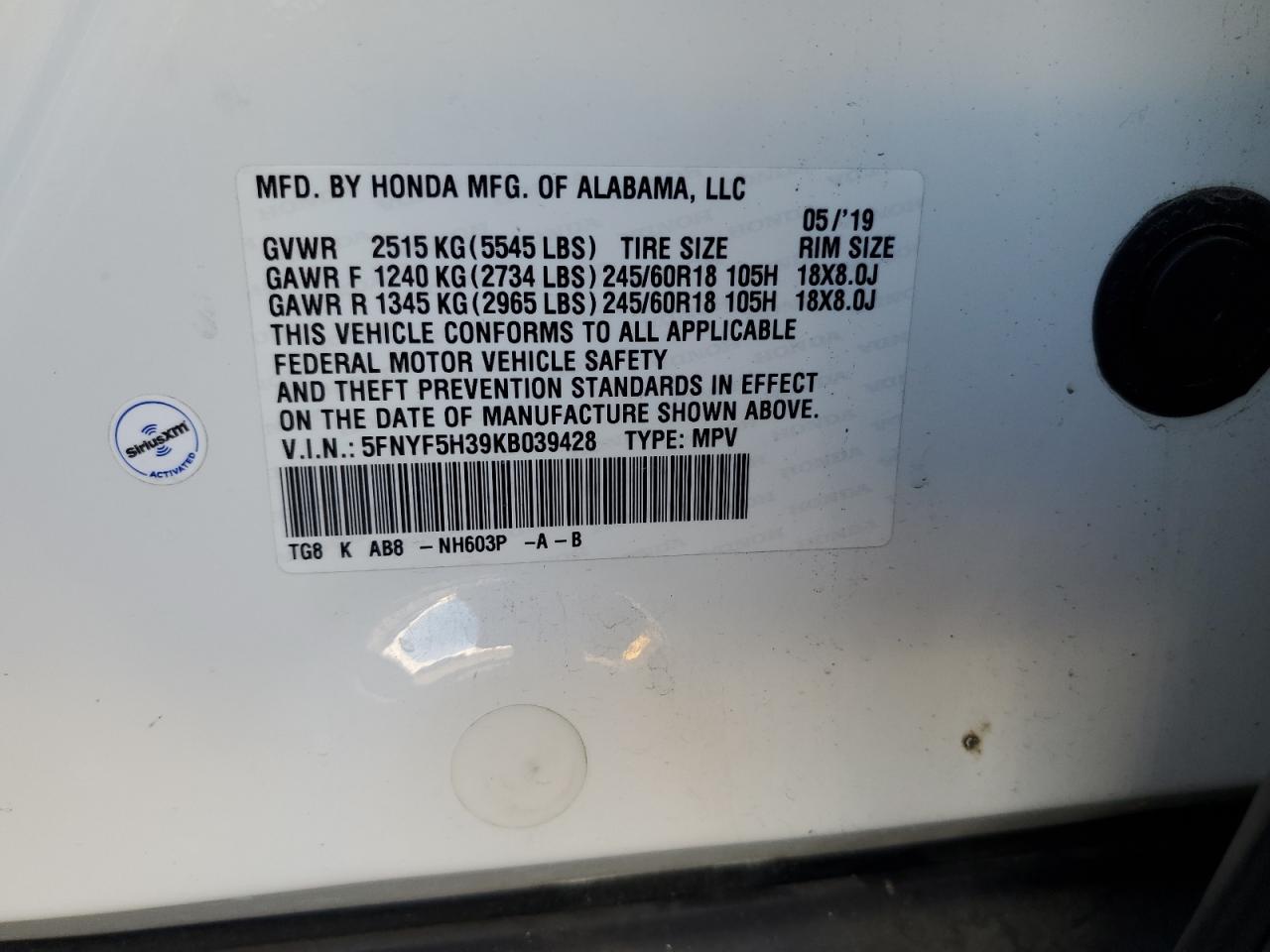 2019 Honda Pilot Ex VIN: 5FNYF5H39KB039428 Lot: 69281745