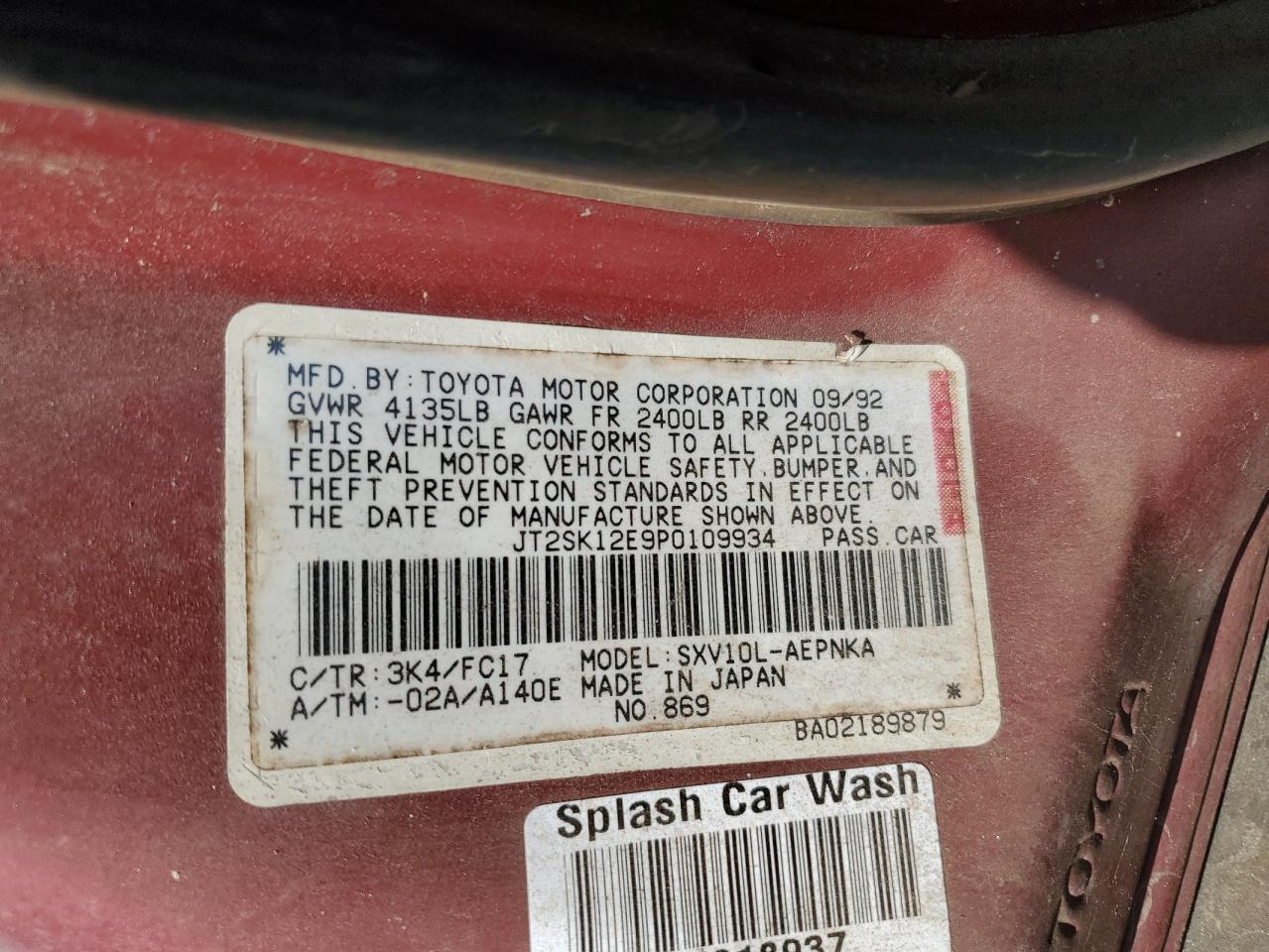 1993 Toyota Camry Le VIN: JT2SK12E9P0109934 Lot: 65604525