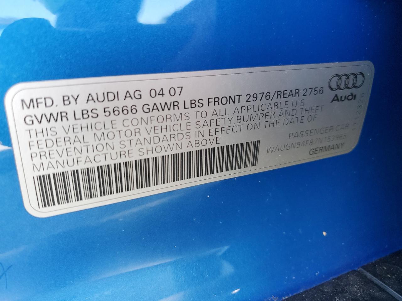 2007 Audi S6 Quattro VIN: WAUGN94F87N153965 Lot: 69030745