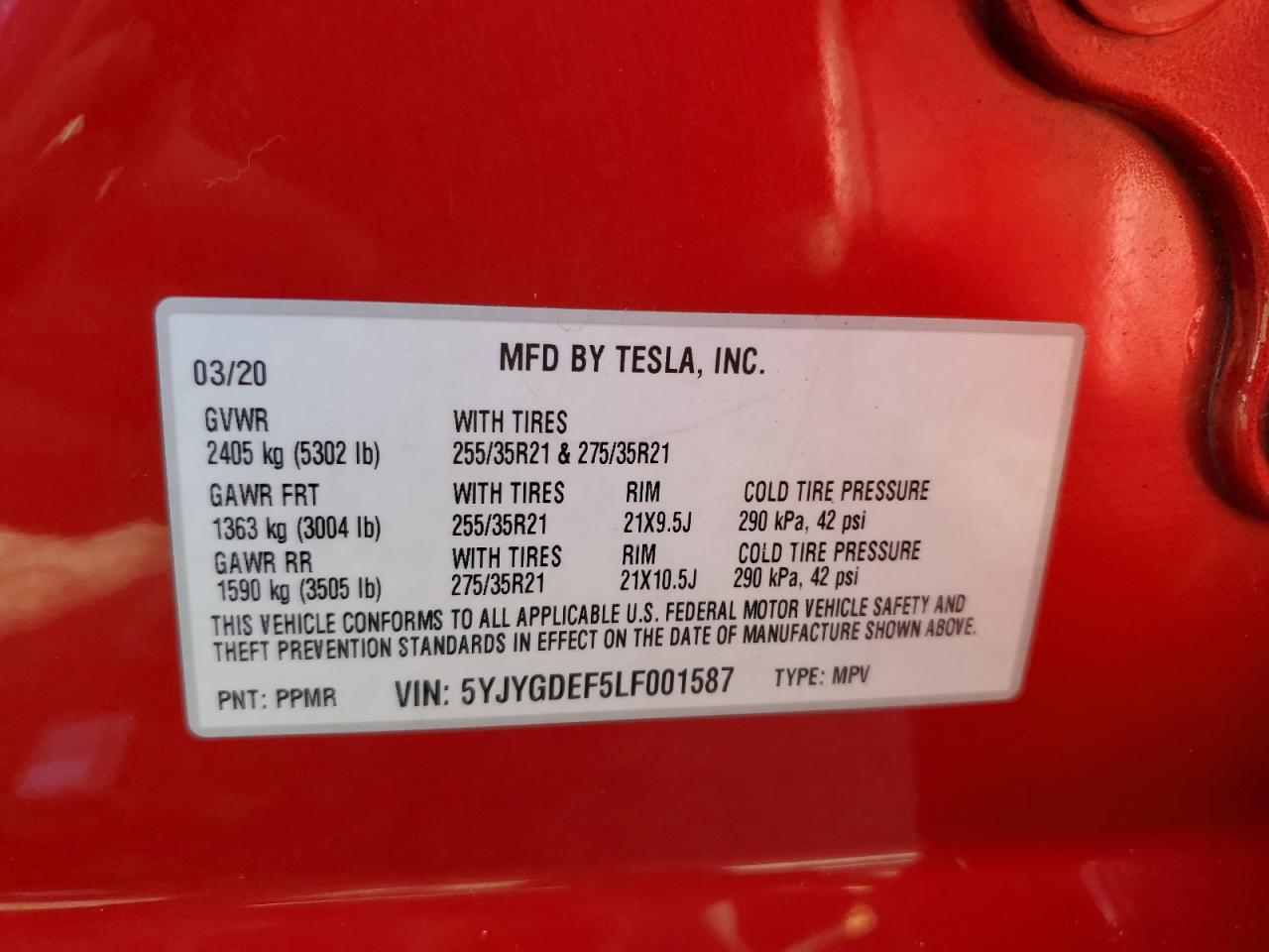 2020 Tesla Model Y VIN: 5YJYGDEF5LF001587 Lot: 67854275