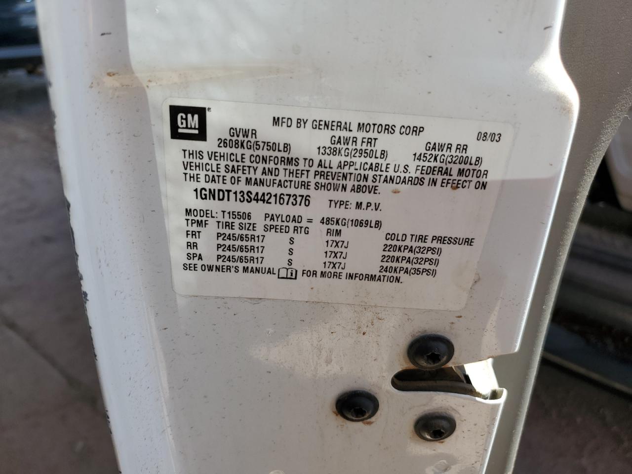 2004 Chevrolet Trailblazer Ls VIN: 1GNDT13S442167376 Lot: 68907355