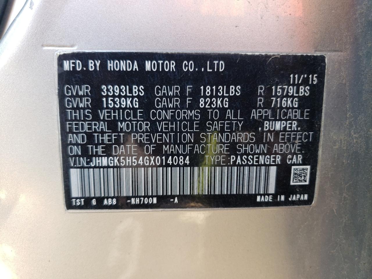 2016 Honda Fit Lx VIN: JHMGK5H54GX014084 Lot: 68286025