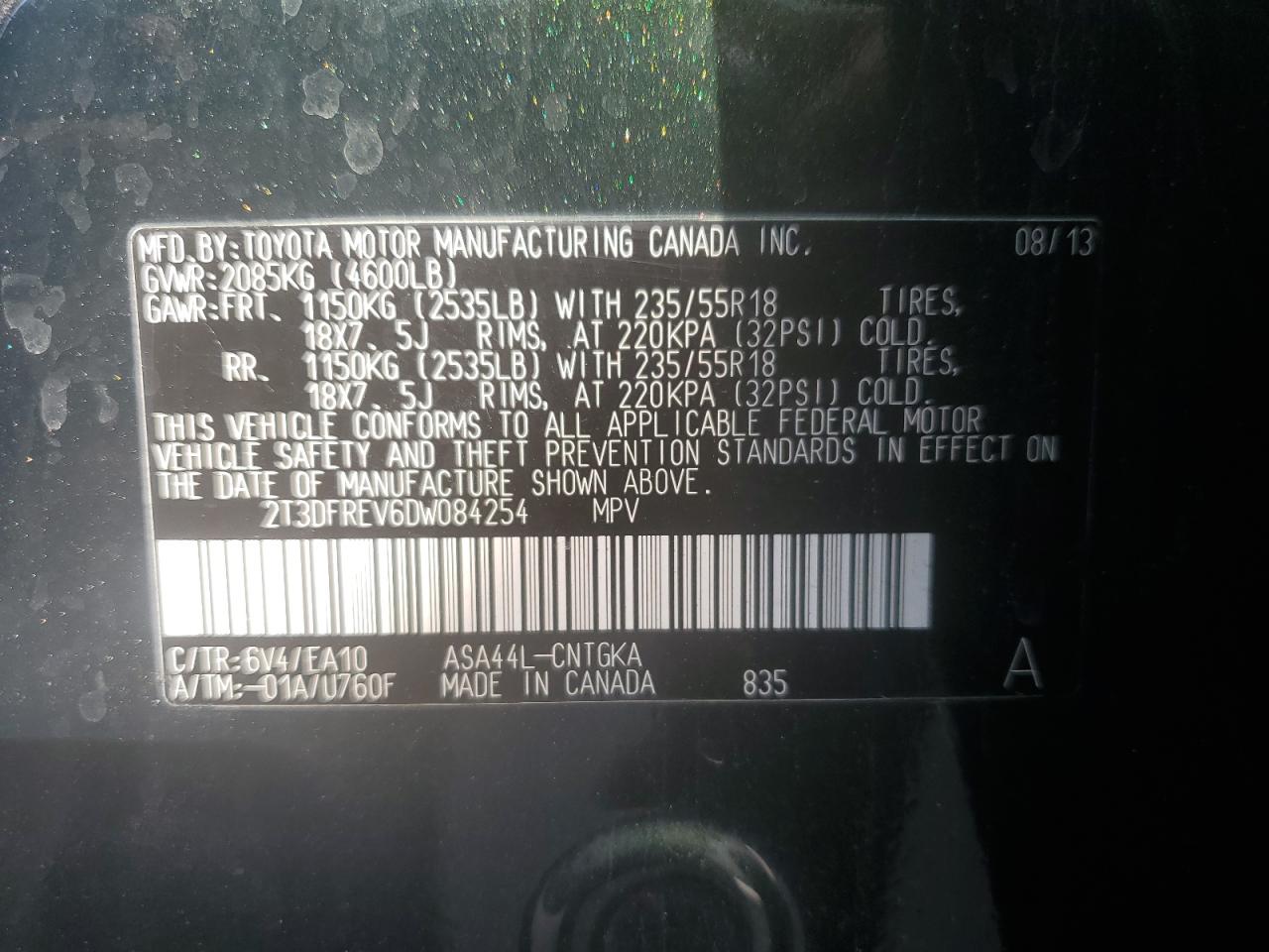2013 Toyota Rav4 Limited VIN: 2T3DFREV6DW084254 Lot: 68050665