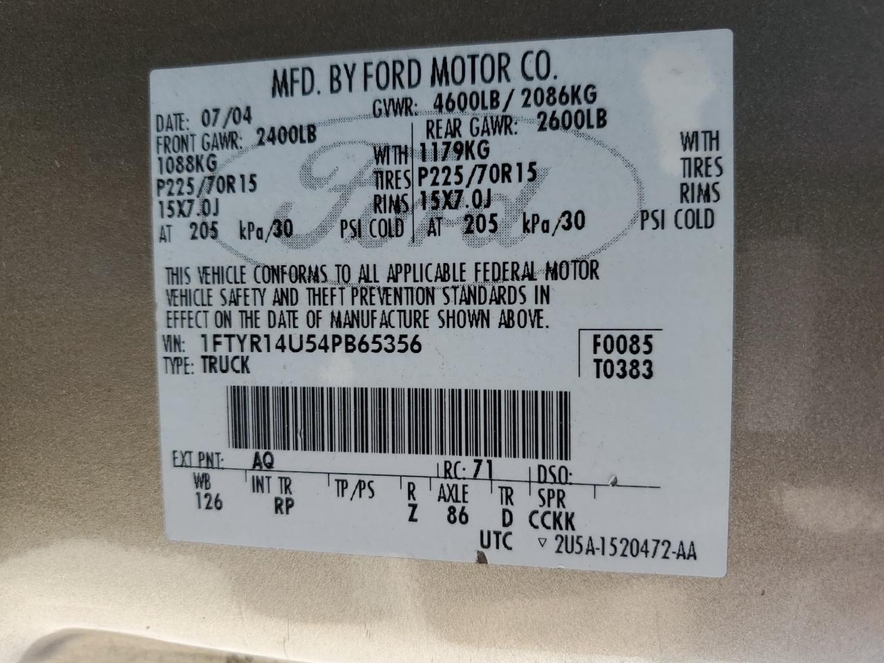 2004 Ford Ranger Super Cab VIN: 1FTYR14U54PB65356 Lot: 69231015