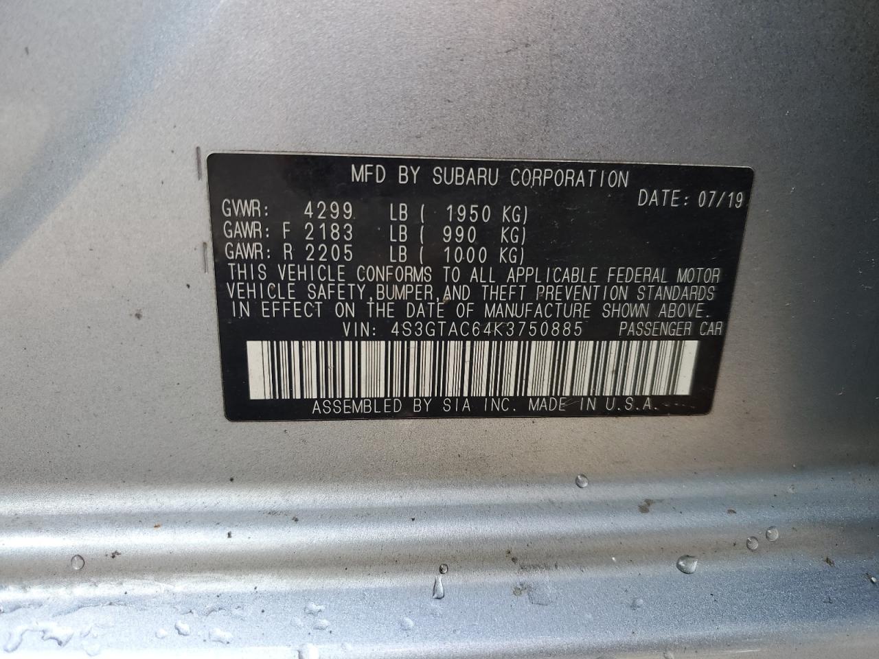 2019 Subaru Impreza Premium VIN: 4S3GTAC64K3750885 Lot: 70754065