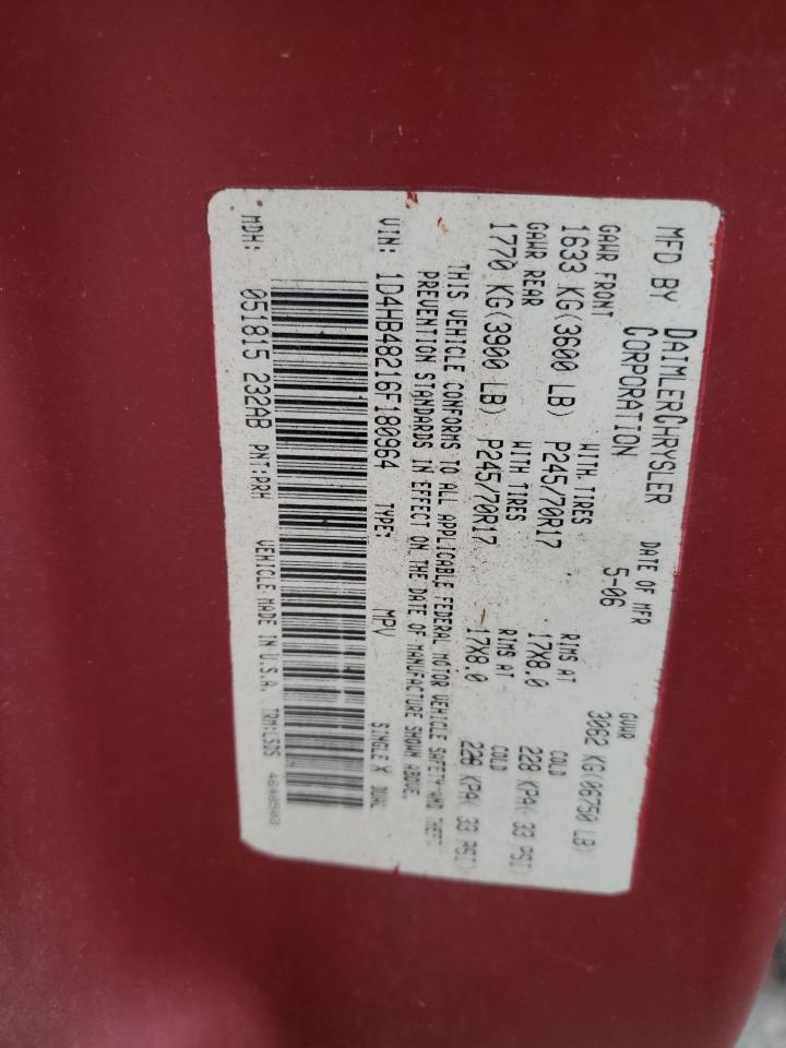 2006 Dodge Durango Slt VIN: 1D4HB48216F180964 Lot: 70516935