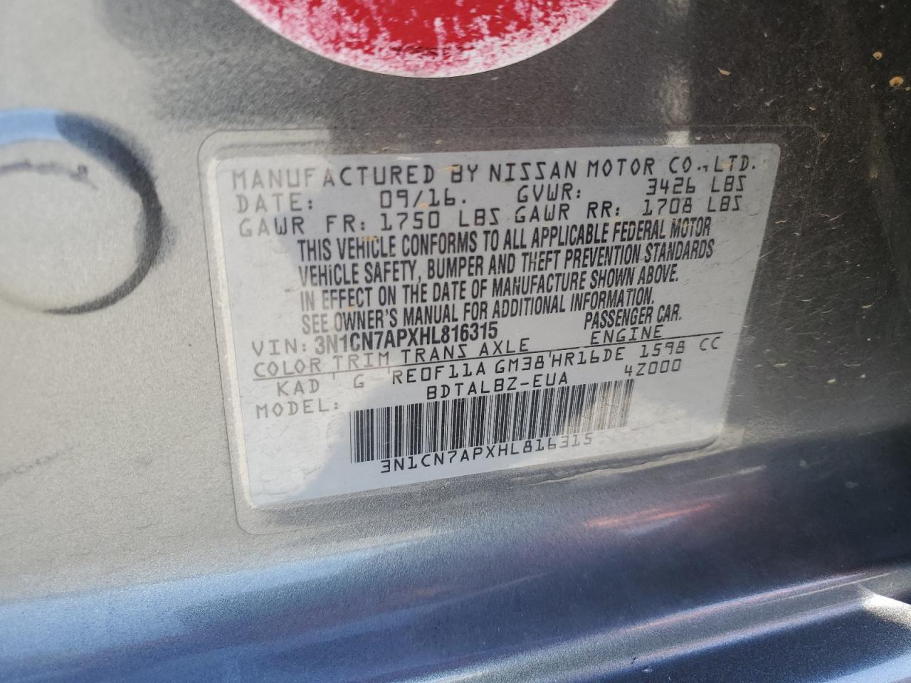 2017 Nissan Versa S VIN: 3N1CN7APXHL816315 Lot: 69479355