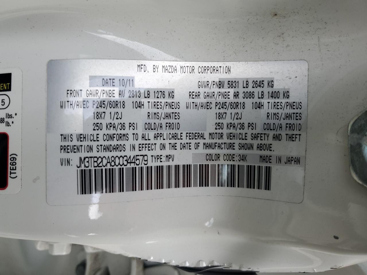 2012 Mazda Cx-9 VIN: JM3TB2CA8C0344579 Lot: 70546225