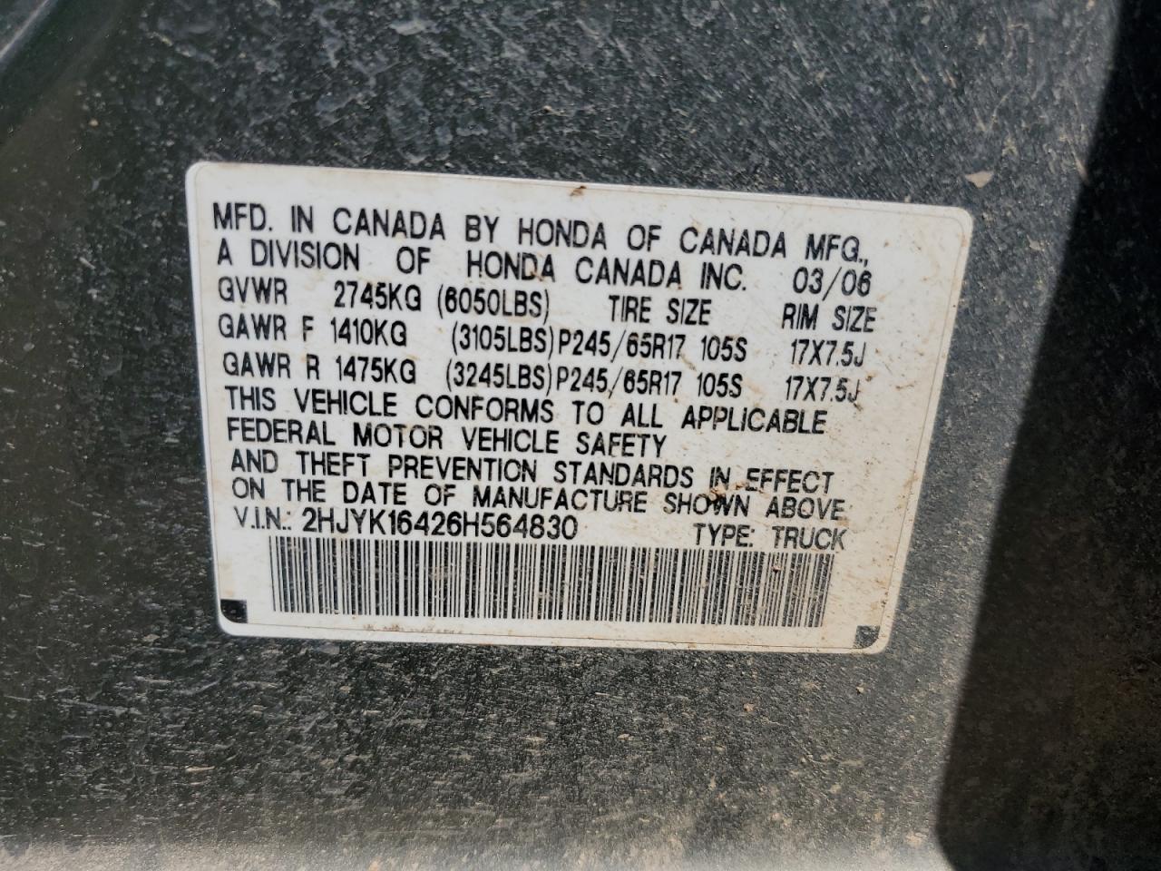 2006 Honda Ridgeline Rts VIN: 2HJYK16426H564830 Lot: 68715115