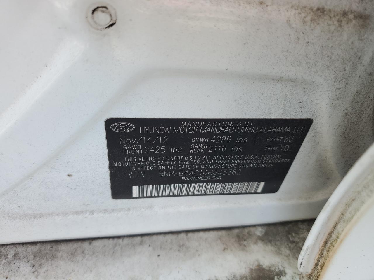 2013 Hyundai Sonata Gls VIN: 5NPEB4AC1DH645362 Lot: 70565175