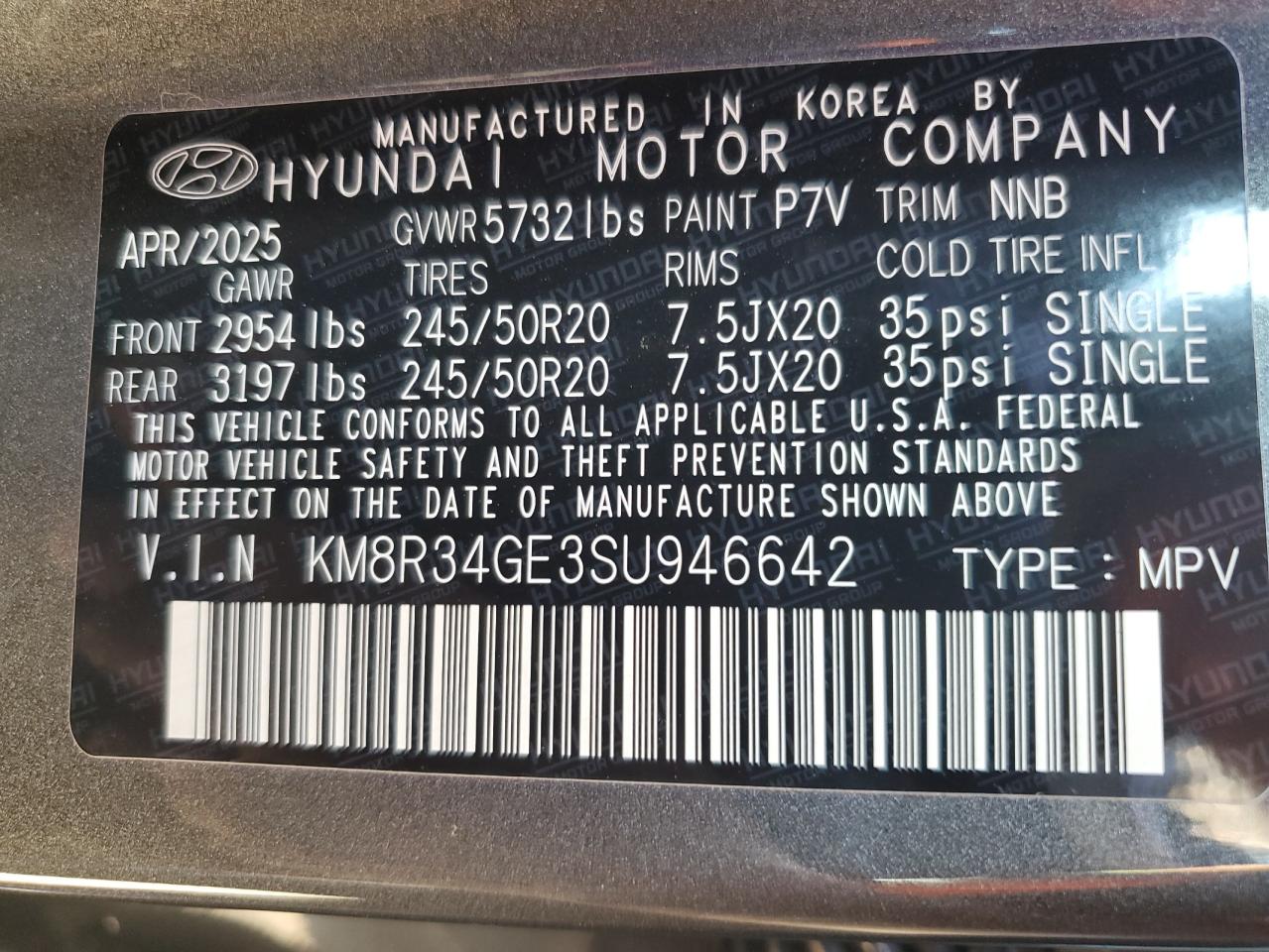 2025 Hyundai Palisade Xrt VIN: KM8R34GE3SU946642 Lot: 68621375