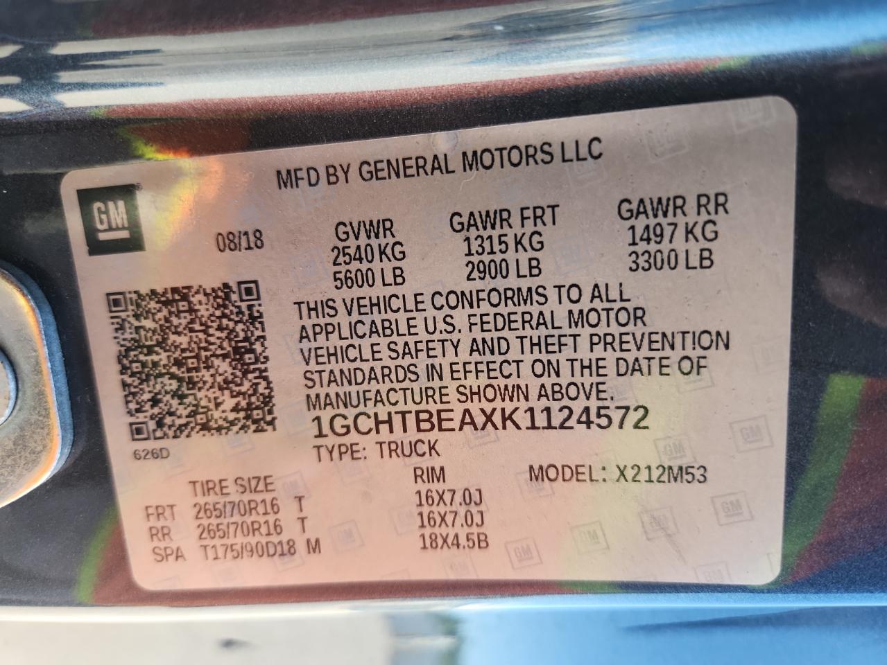 2019 Chevrolet Colorado VIN: 1GCHTBEAXK1124572 Lot: 69669615