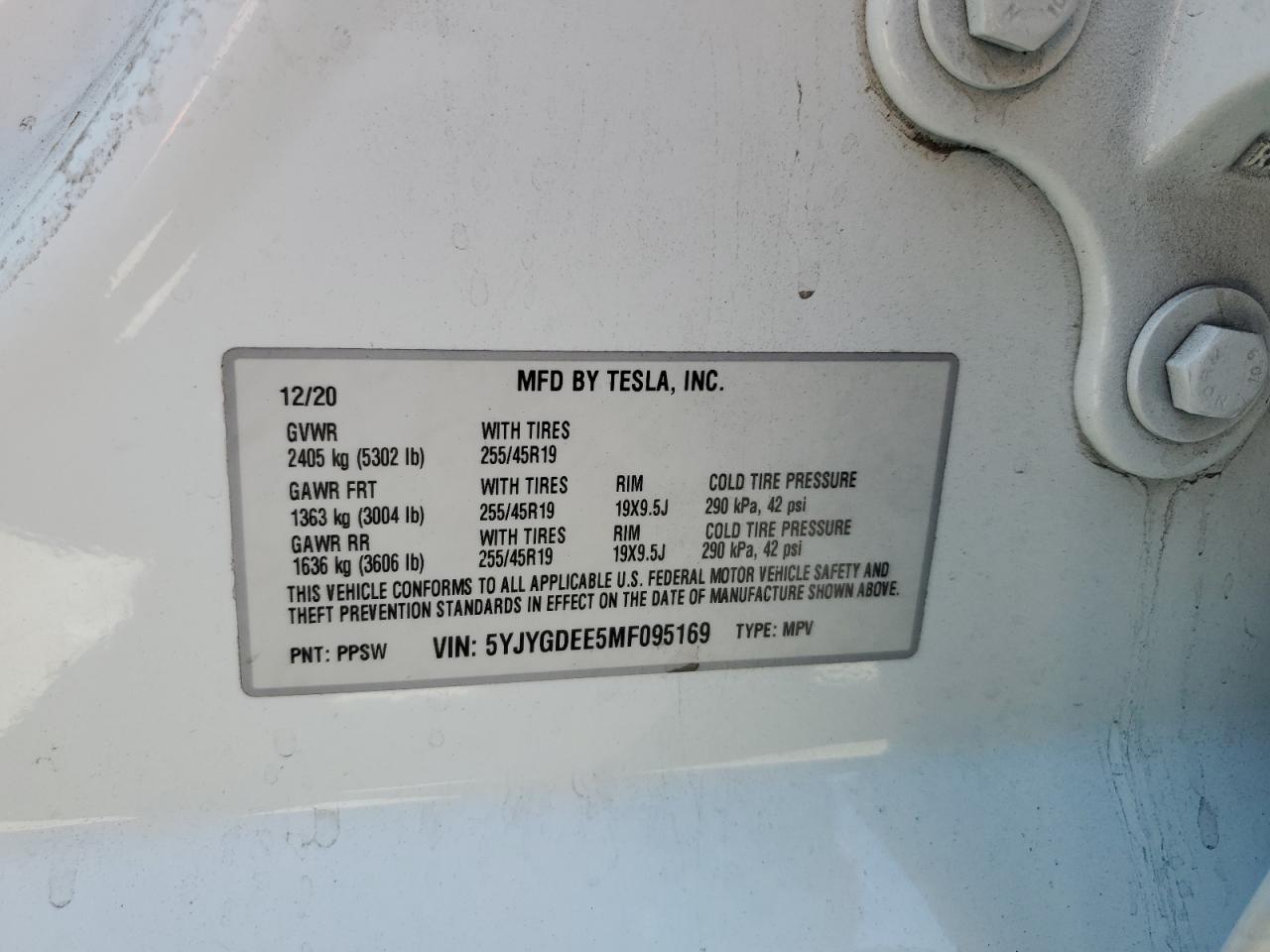 2021 Tesla Model Y VIN: 5YJYGDEE5MF095169 Lot: 70382385