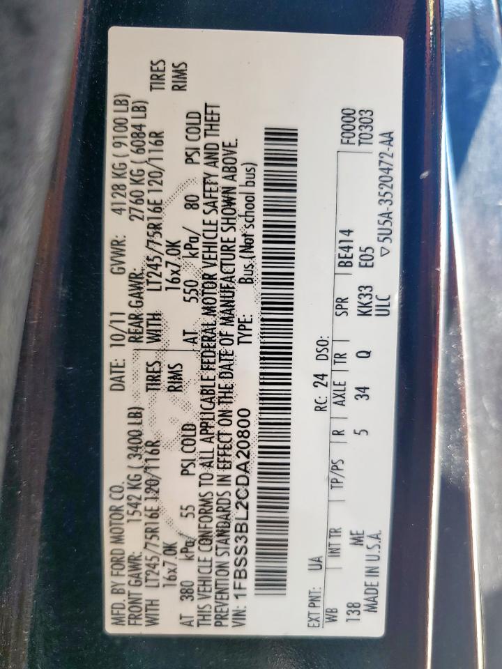 2012 Ford Econoline E350 Super Duty Wagon VIN: 1FBSS3BL2CDA20800 Lot: 70265805