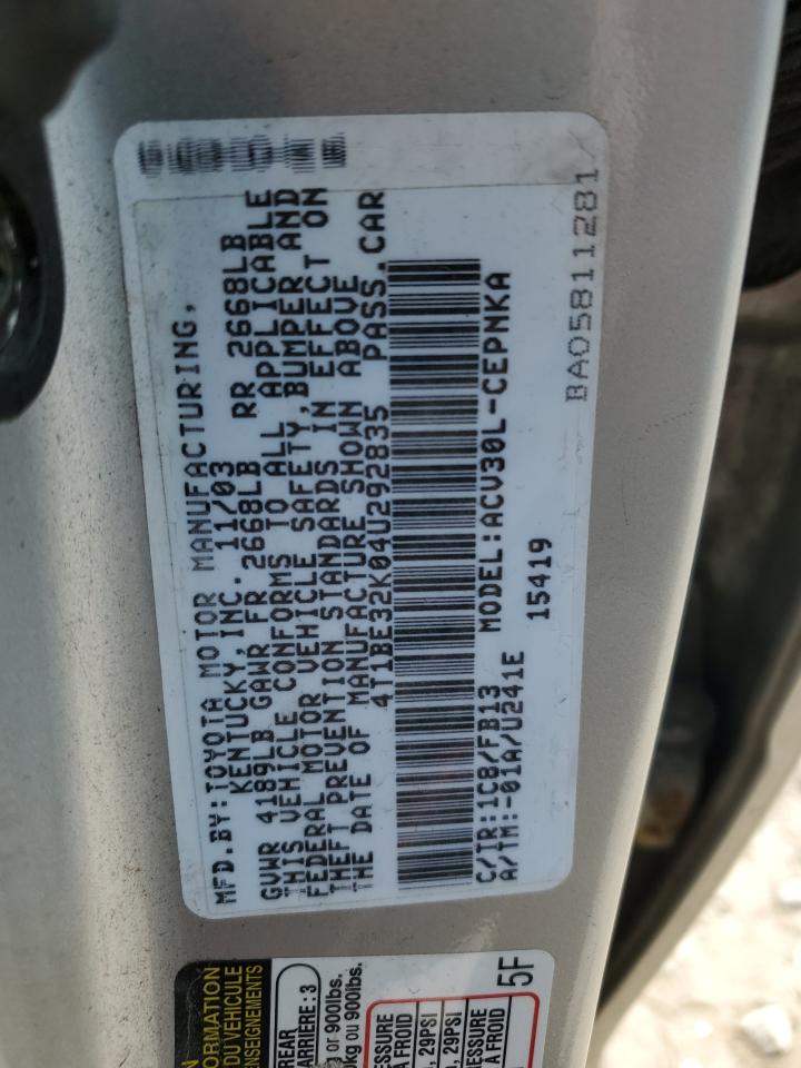 2004 Toyota Camry Le VIN: 4T1BE32K04U292835 Lot: 68074235