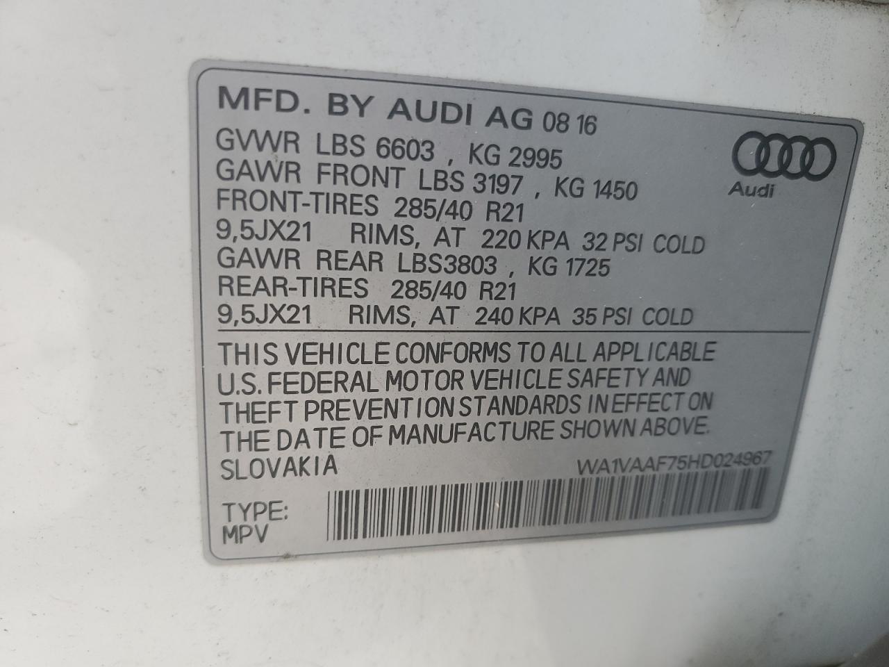 2017 Audi Q7 Prestige VIN: WA1VAAF75HD024967 Lot: 69379785