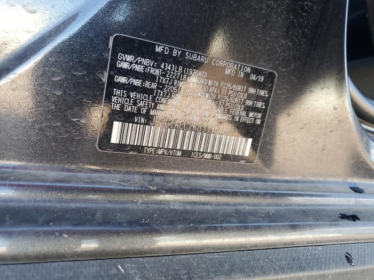 2019 Subaru Crosstrek Premium VIN: JF2GTACC2K8333548 Lot: 70688835