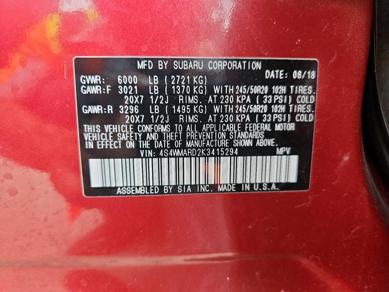 2019 Subaru Ascent Touring VIN: 4S4WMARD2K3415294 Lot: 70271015