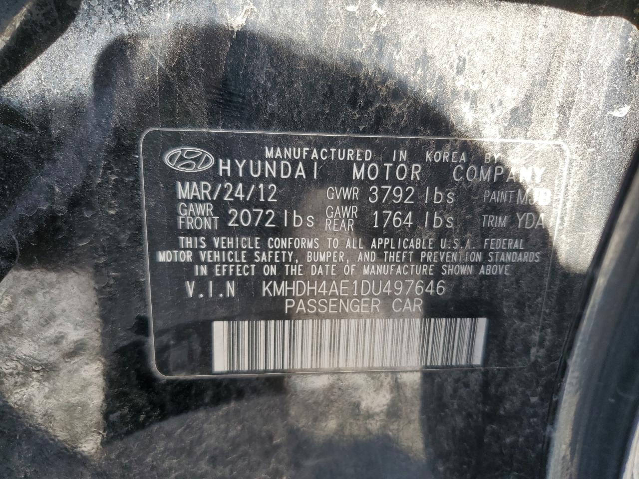 2013 Hyundai Elantra Gls VIN: KMHDH4AE1DU497646 Lot: 70457745