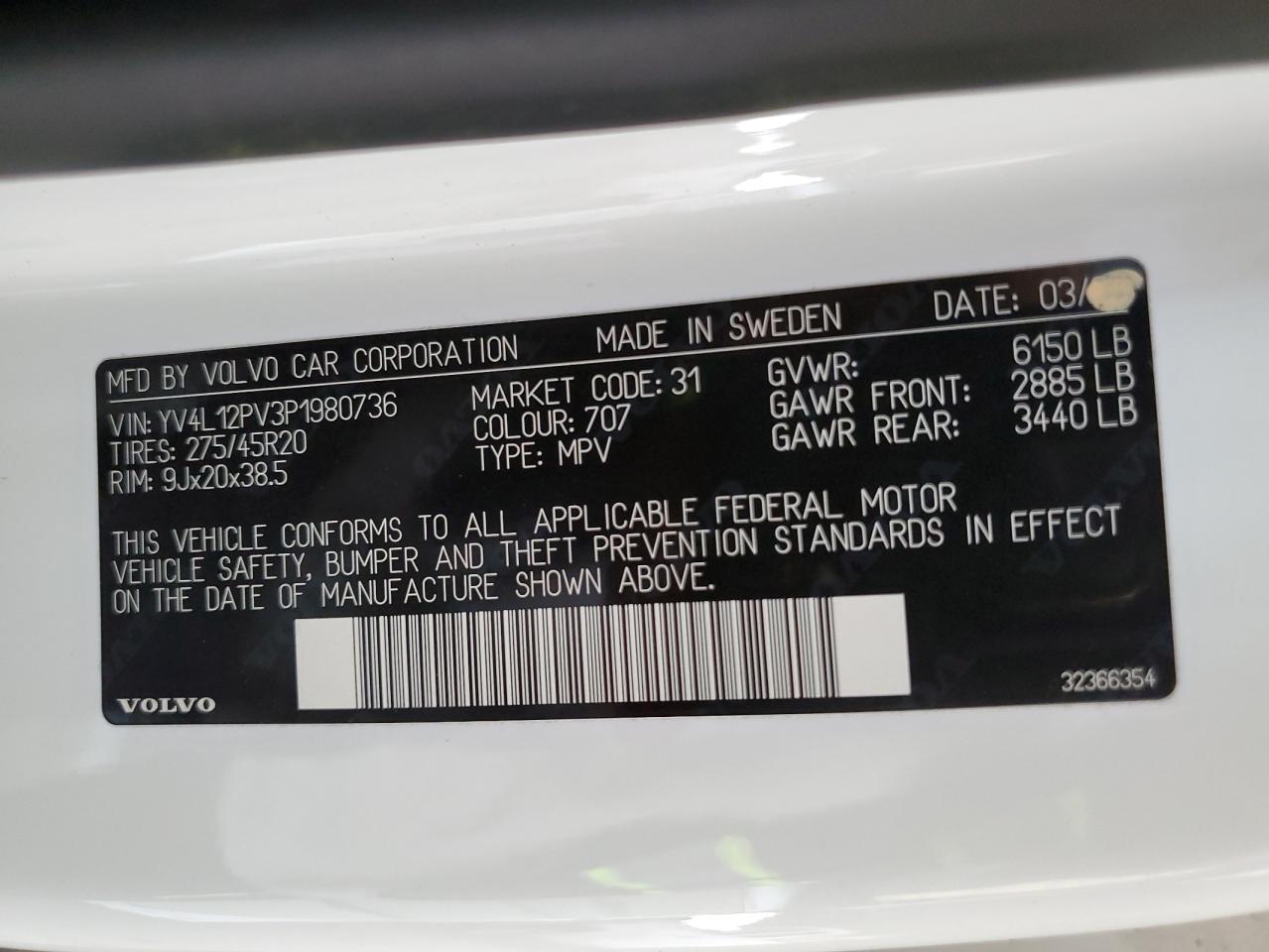 2023 Volvo Xc90 Core VIN: YV4L12PV3P1980736 Lot: 68905145