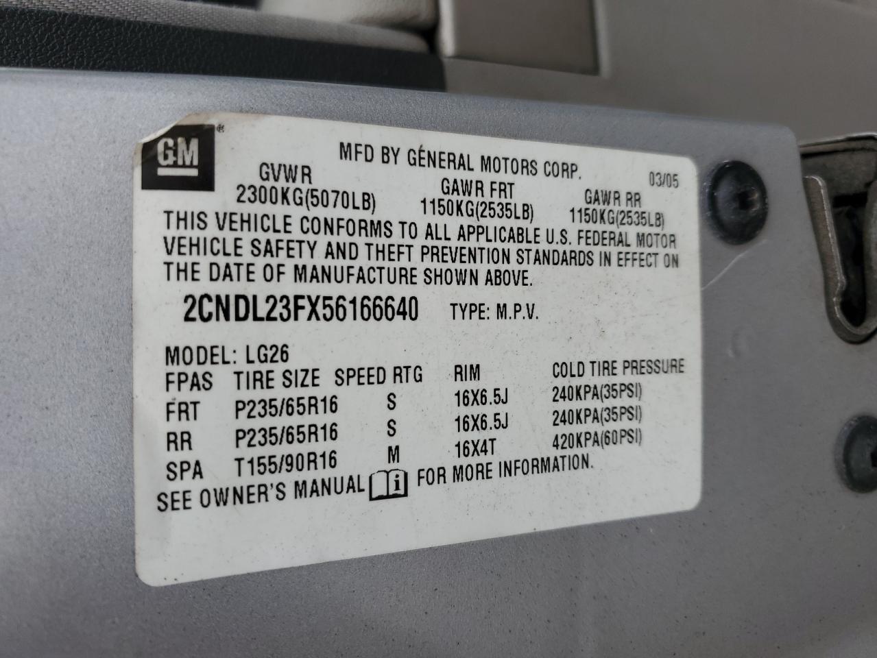 2005 Chevrolet Equinox Ls VIN: 2CNDL23FX56166640 Lot: 67524965